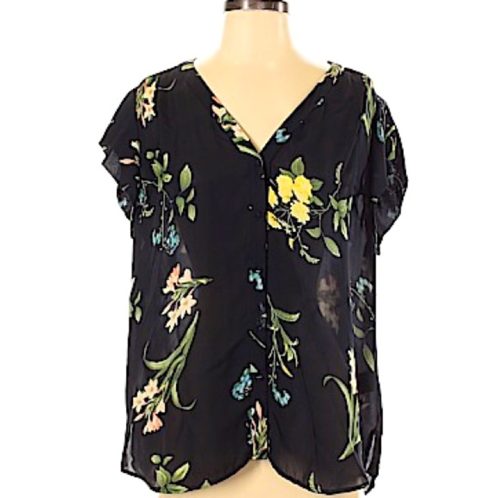 Joie Black Floral Blouse 100% Silk Short Sleeve, Size L